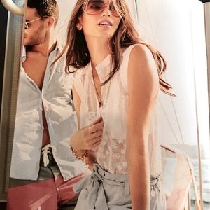 CAbi “Prudence” Sheer White Floral Lace Sleeveless Blouse (S)